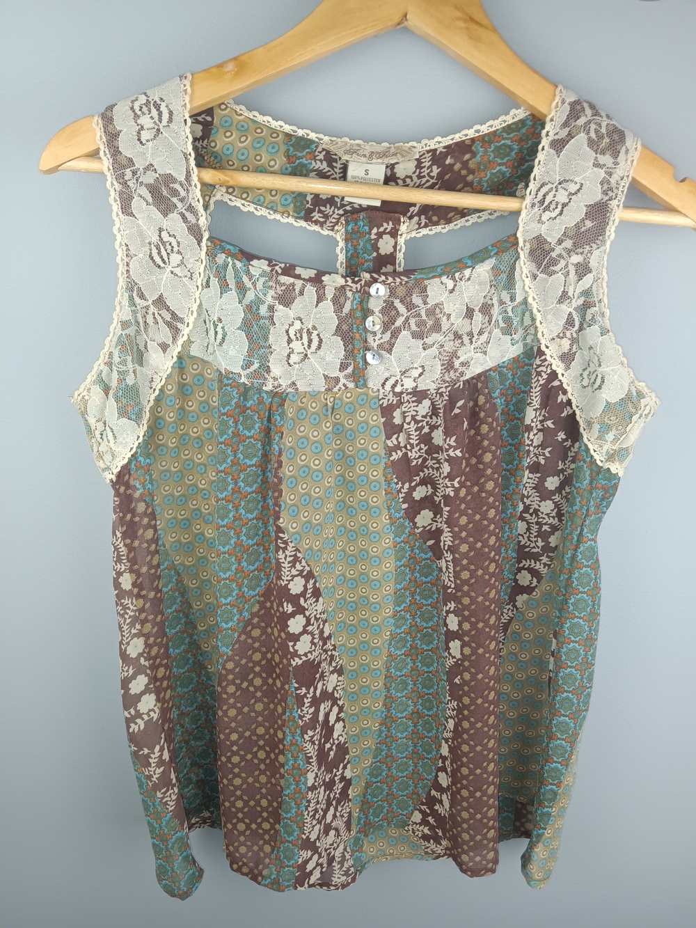 Fun & Flirt Teal & Brown Lace Crochet Trim Patchwork Camisole